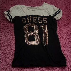 Guess Black & White Short Sleeve Tee with Gold Sequin '81'